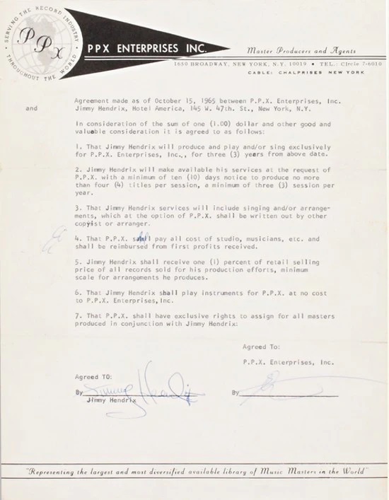 Jimi Hendrix's infamous PPX contract from 1965.
