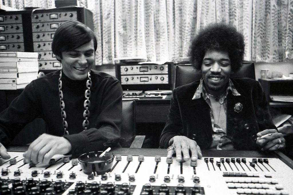 Jimi Hendrix at the Record Plant in 1968 with studio co-founder Gary Kellgren