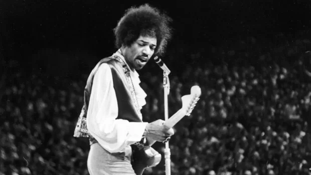Jimi Hendrix performing live in concert at City Park Stadium in New Orleans, 1968.