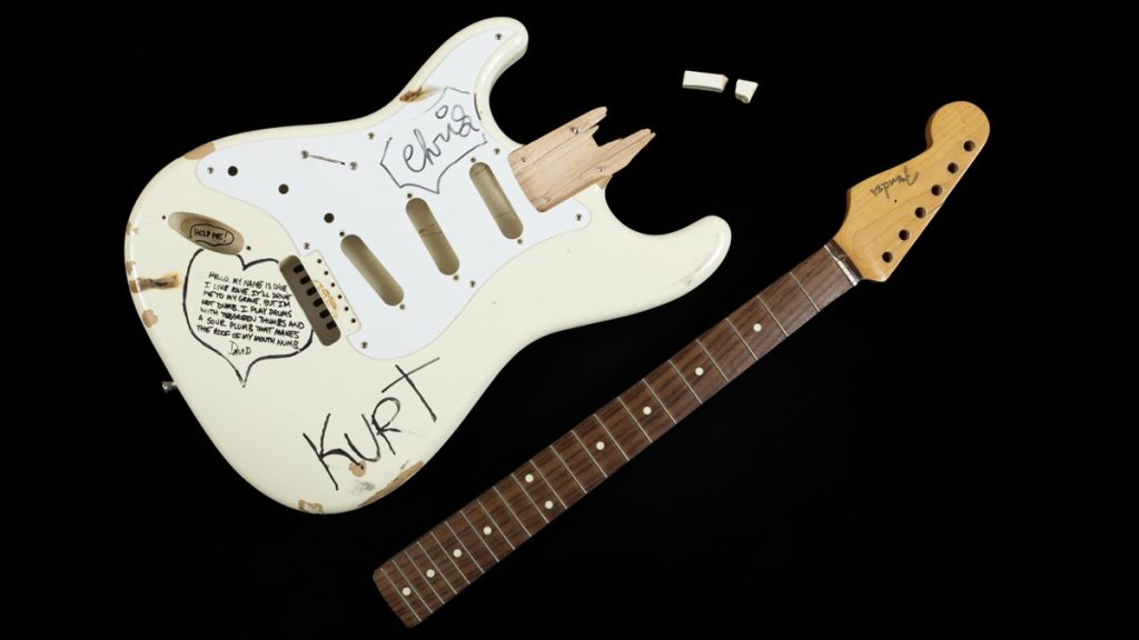 White Stratocaster guitars chosen to be destroyed by Nirvana's Kurt Cobain.
