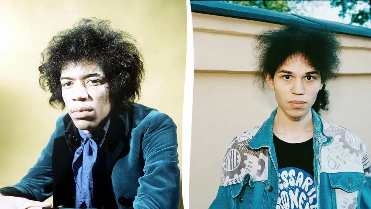 Side-by-side collage of Jimi Hendrix on the left, and James Daniel Sundquist on the right, bearing a resemblance to his father.