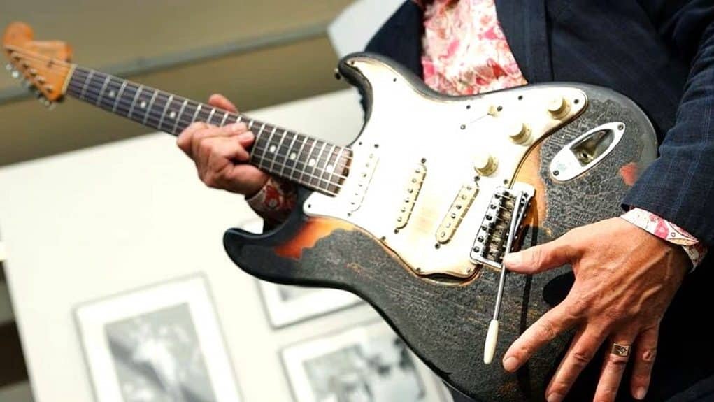 Jimi Hendrix's iconic 1965 Fender Stratocaster with burned marks.