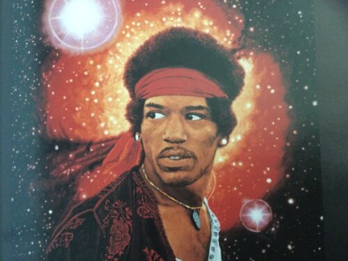 A painting by Monika Dannemann depicting Jimi Hendrix, blending psychedelic colors and intricate details.