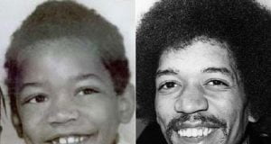 Collage of Jimi Hendrix, portraying his childhood as 'Buster' and his transformation into a 60s superstar.