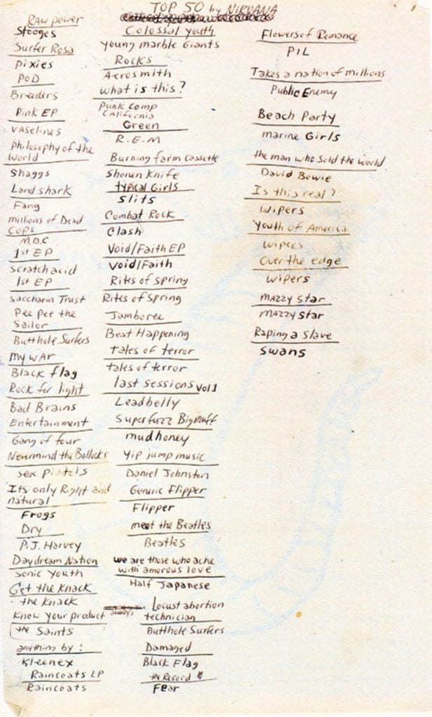 Handwritten list by Kurt Cobain featuring his 50 all-time favorite albums.