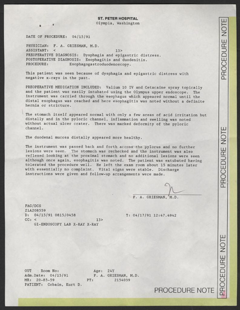 Signed emergency room discharge records from 1991 featuring Kurt Cobain.
