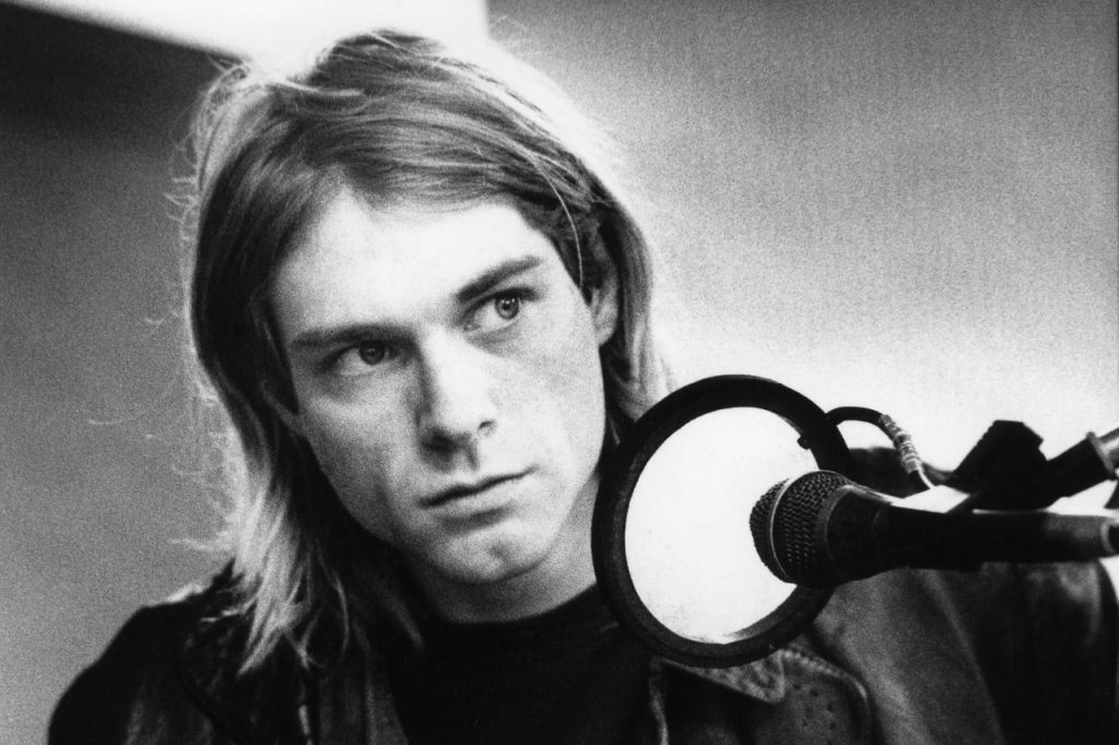 Black and white 4K wallpaper of Kurt Cobain, ideal for desktop backgrounds.