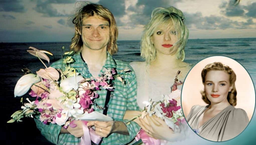 Collage of Kurt Cobain and Courtney Love's wedding with Frances Farmer