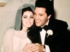 Elvis and Priscilla at their wedding in Las Vegas, 1967.