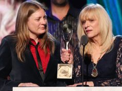 Wendy Cobain speaking onstage during Nirvana’s Rock and Roll Hall of Fame induction in 2014.